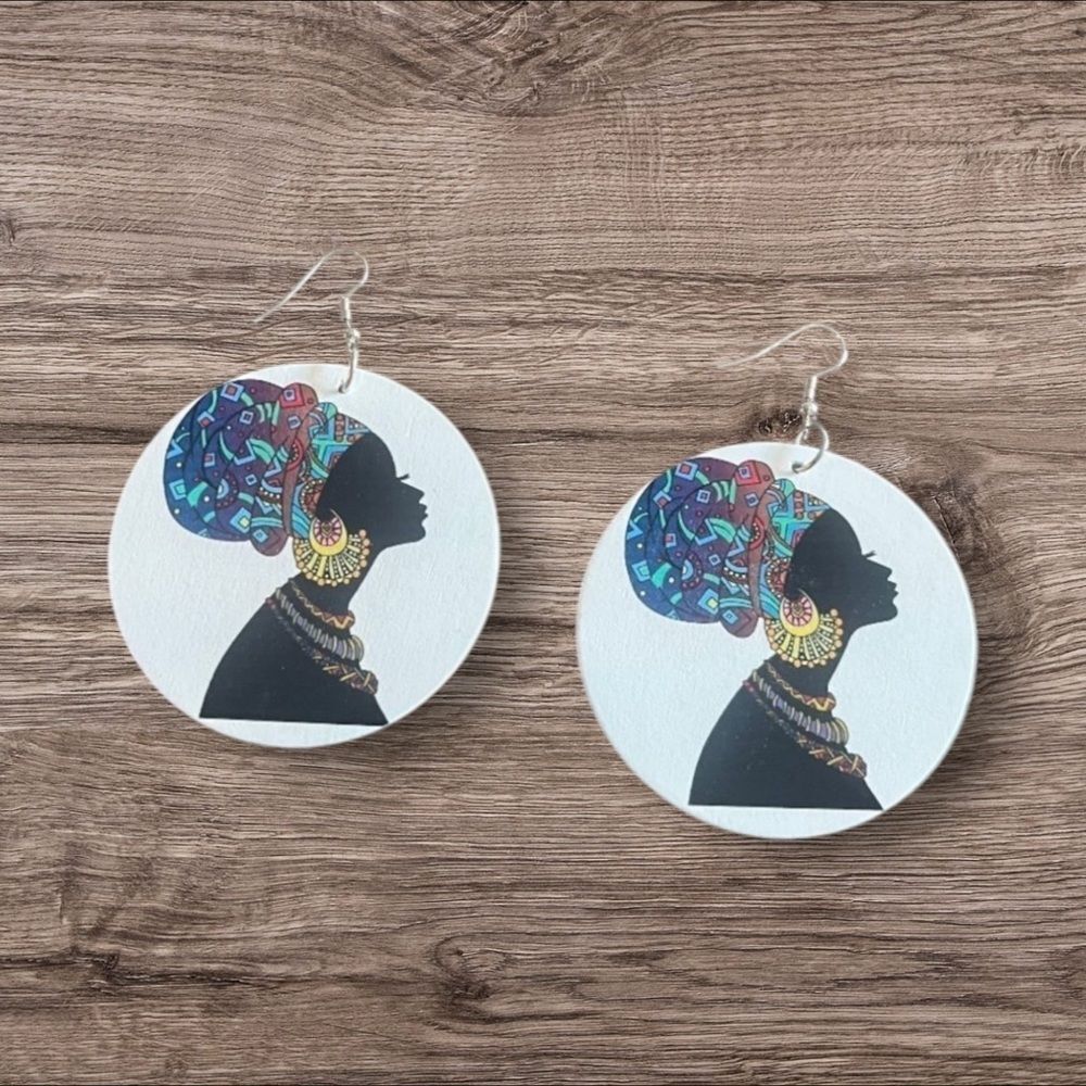 African Round Wooden Head Wrap Dangle Earrings​​​